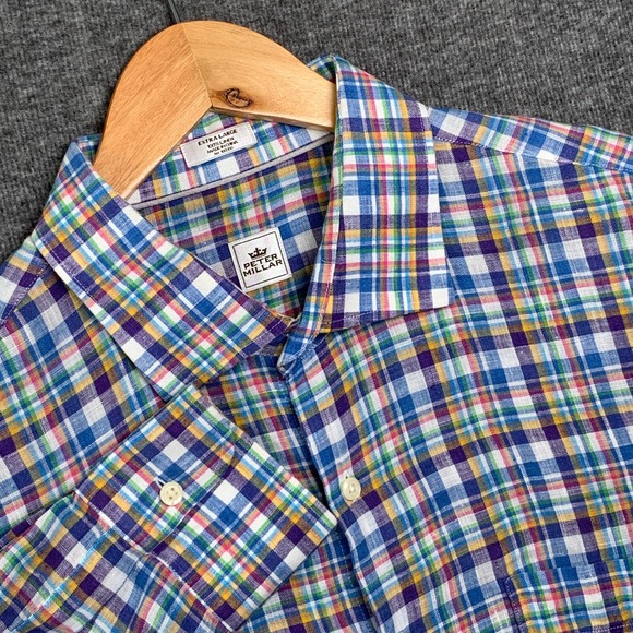 Peter Millar Other - Peter Millar Linen Shirt Men Extra Large Plaid Button Up Long Sleeve Modern